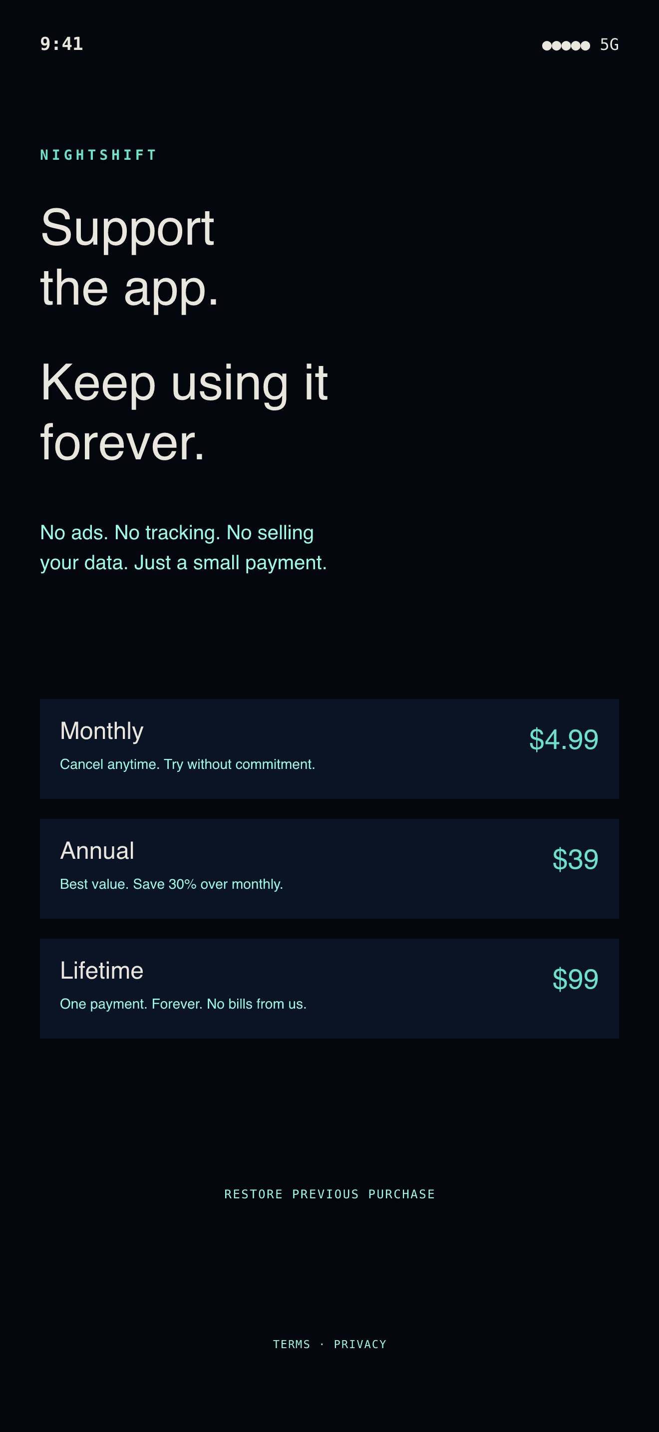 The Nightshift purchase screen, showing the terms the price will be published under.